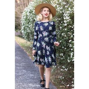NWOT Emily and Fin "Elinor" Navy Floral Print Long Sleeve Fit & Flare Dress